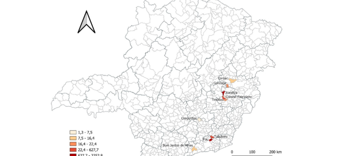 Distribuição dos casos confirmados de febre do Oropouche em Minas Gerais, em 2024, coloca Joanésia e Piau como os principais focos de transmissão local no estado